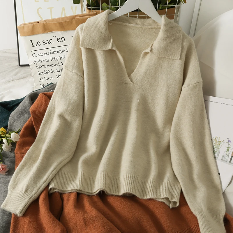 

2021 new retro lapel loose Knitted pullover sweater women's autumn solid v neck outer wear long-sleeved top sweaters female