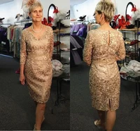 champagne crochet lace mother of the bride dresses 2021 knee length long sleeve plus size mother formal occasion dress wear