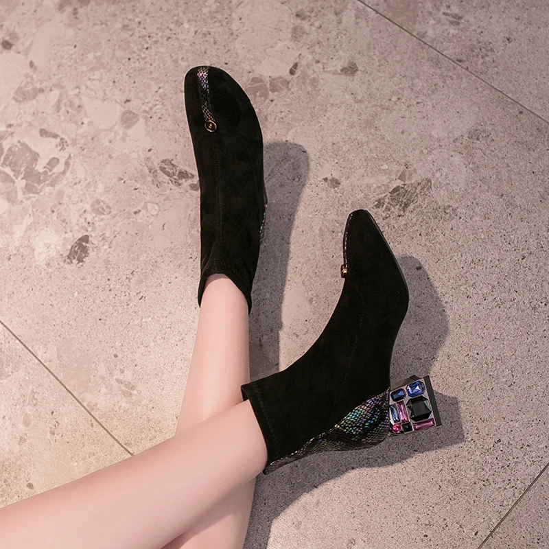 

Women Snake Ankle Boots Thick High Heel Short Boots Women 2020 Fashion Crystal Decoration Winter Warm Ladies Shoes