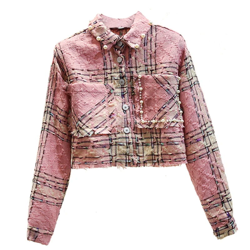 

2020 Autumn New Bead Short Tweed Jacket Woman Small Fragrant Wind Short Coat Female Slim Long Sleeve High Waist Coat Girls Lady