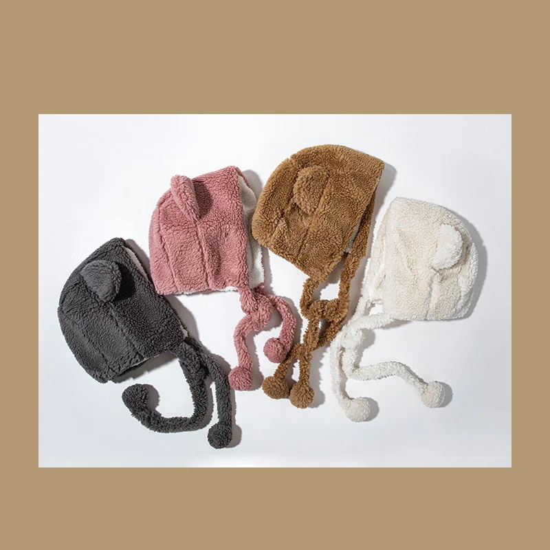 

Women Korean Version Sweet Cute Bear Ear Windproof Cap Autumn Winter Thick Plush Cold Protection Warm Hat Lei Feng Cap B82