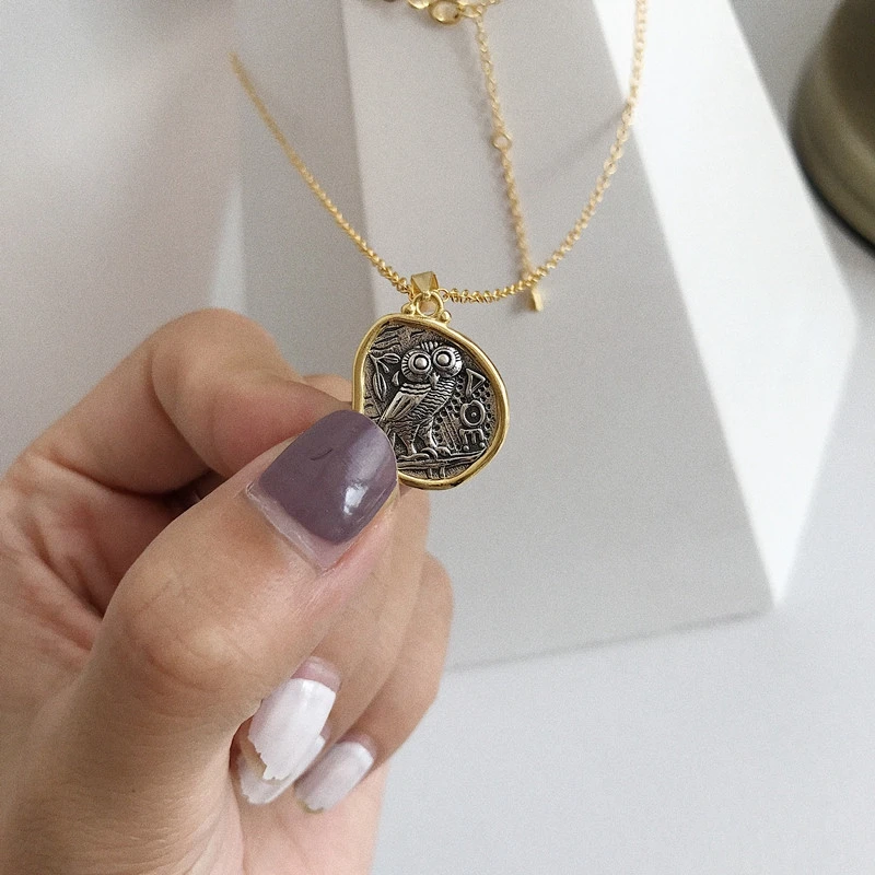 

Vintage S925 Sterling Silver Auspicious Owl Coin Simple Temperament Pendant Necklace Female Fashion Charm Jewelry Accessories