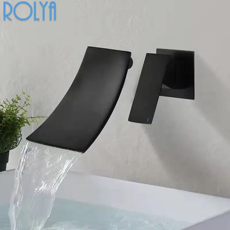 

ROLYA Brass Basin Faucet Waterfall Basin Faucet Bath Mixer Bathroom Sink Tap Wall Mounted Matte Black Hot And Cold Basin Faucet