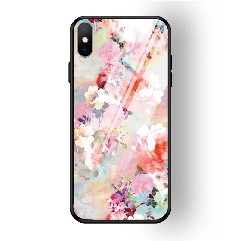 Чехол для телефона с цветочным рисунком для iPhone 7, 8, 6, 6S PLUS, XR, X, XS MAX, задняя крышка из закаленного стекла, чехол для iPhone 5 5S se, глянцевый противоударный чехол