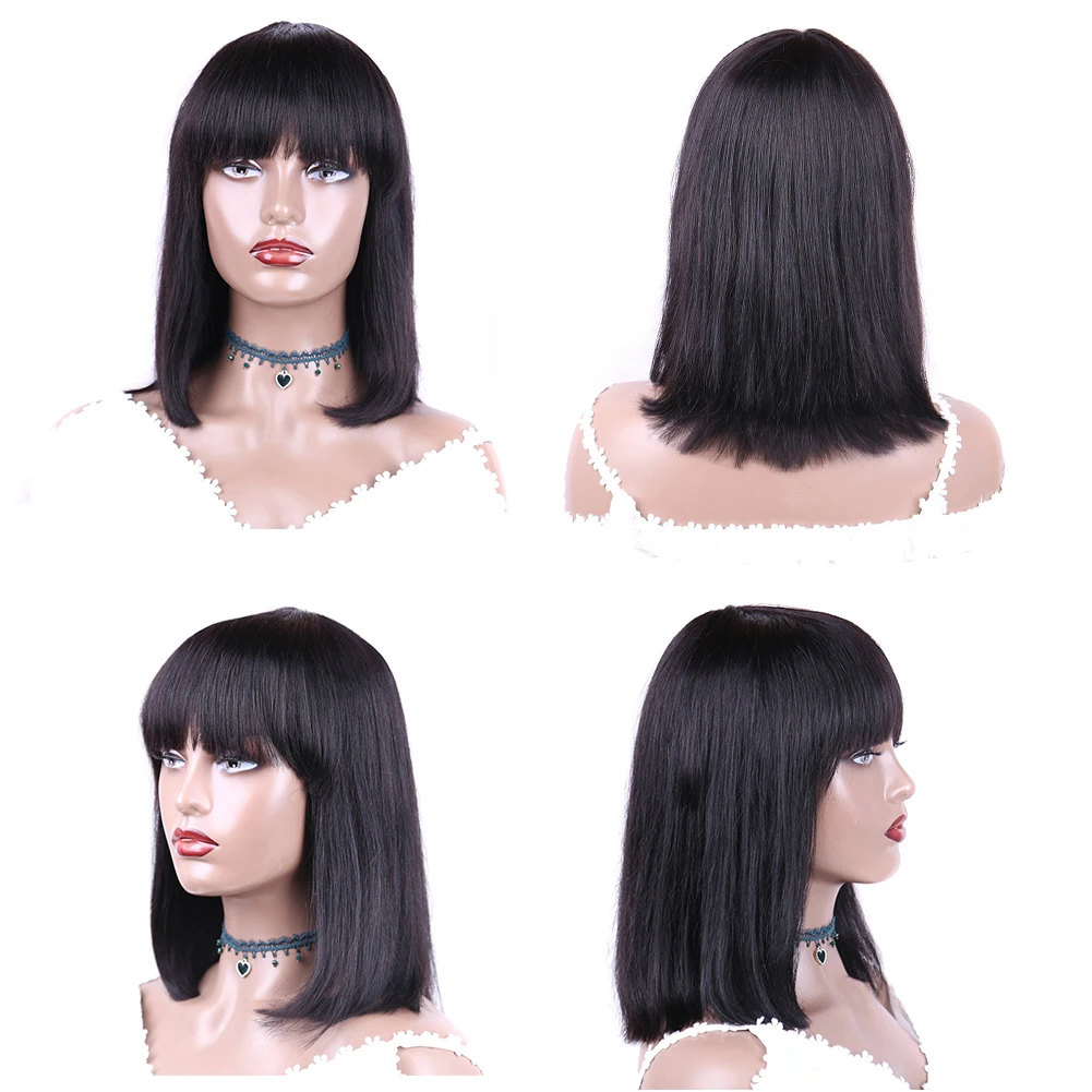 

Inidan Human Hair Wigs With Bangs Full Machine Made Wigs For Black Women 8-14inch Indian Bob Remy Hair Free Shipping
