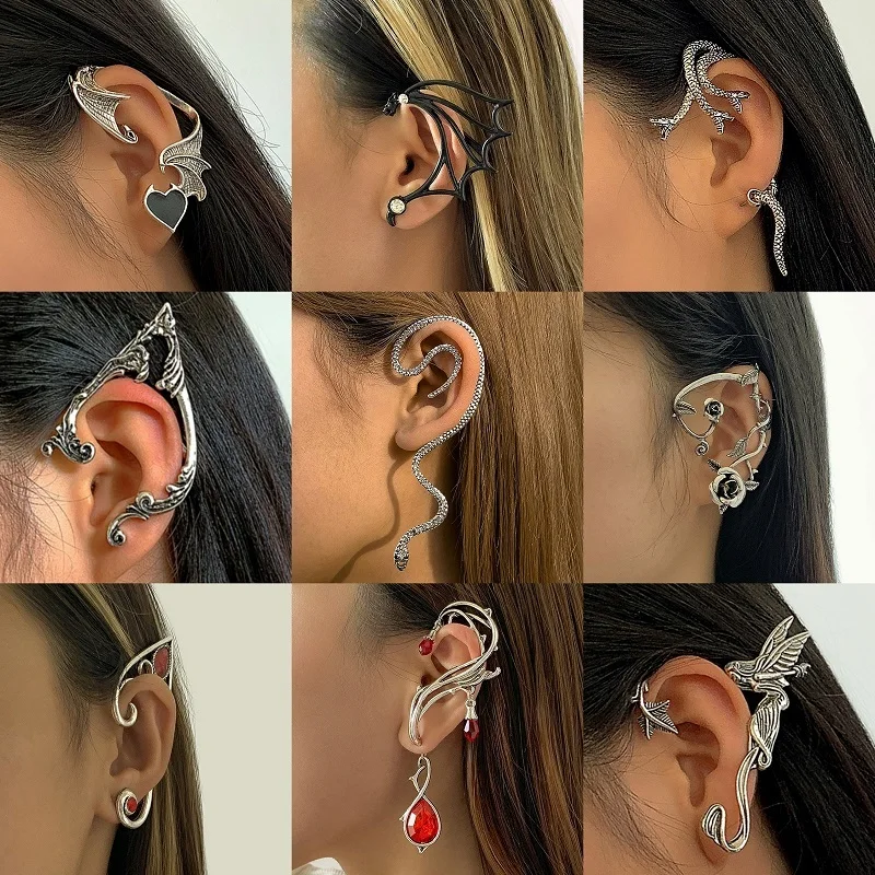 Vintage Rose Flower Snake Elf Ear Cuff Earrings For Women Retro Gothic Punk Clip On Earrings Without Ear Hole Hot Sale