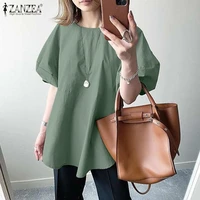 2022 summer holiday solid blouse zanzea casual short puff sleeve crew neck work tops women vintage loose tunic chemise