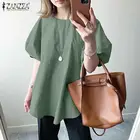 2022 летняя Праздничная однотонная блузка ZANZEA, повседневные рабочие Топы с коротким рукавом-фонариком и круглым вырезом, Женская винтажная свободная туника, рубашка
