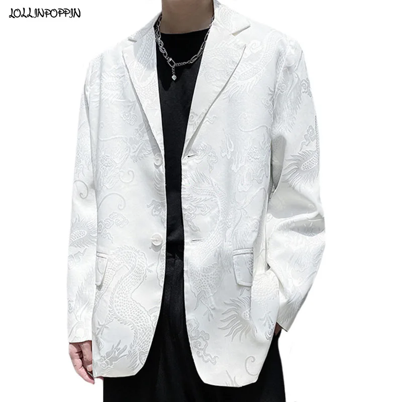 Жаккардовый свободный пиджак с отложным воротником и драконом в китайском стиле