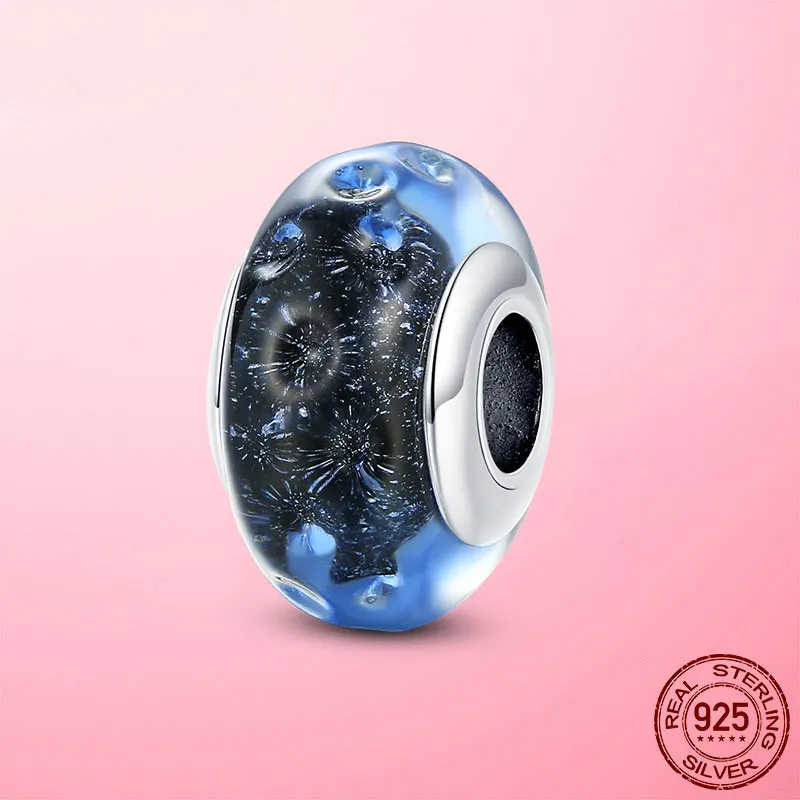 

Hot Sale 925 Sterling Silver Wavy Dark Blue Murano Glass Beads Ocean Charm Fit Original Pandora Bracelet Bangle Jewelry Gift
