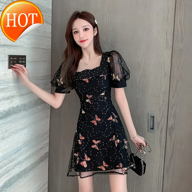 

Dress women's summer 2021 new heavy industry embroidery butterfly mesh bubble sleeve temperament square neck goddess fan small