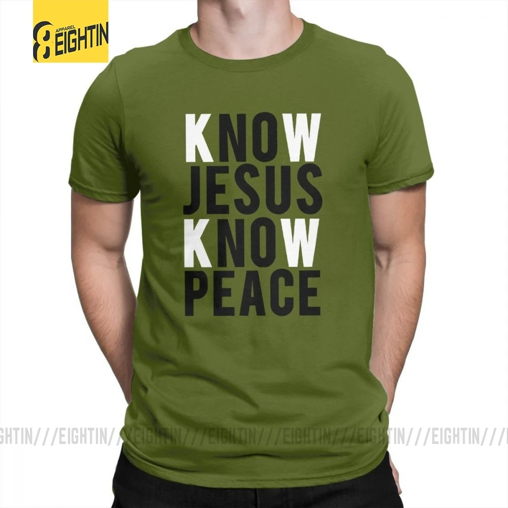 Футболки с надписью «Know Jesus Know Peace Christian», Мужская мягкая футболка с круглым вырезом, хлопок, брендовая футболка с коротким рукавом размера плюс, специальное предложение - Цвет: Армейский зеленый