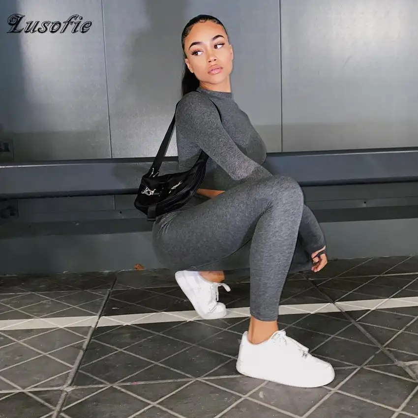 

Lusofie/Новинка осени, Женский комплект из двух предметов, однотонный, базовый, с длинным рукавом, брюки, вырез лодочкой, эластичный комплект, по...