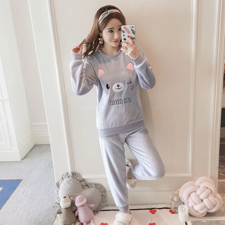Women Pajama Sets Autumn Winter Pajamas Flannel Cartoon Thick Warm Women Sleepwear Cute Animal Female Homewear