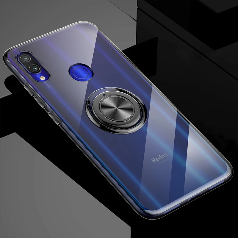 Прозрачный ударопрочный чехол для Xiaomi Redmi Note 7 защитный с металлическим кольцом и