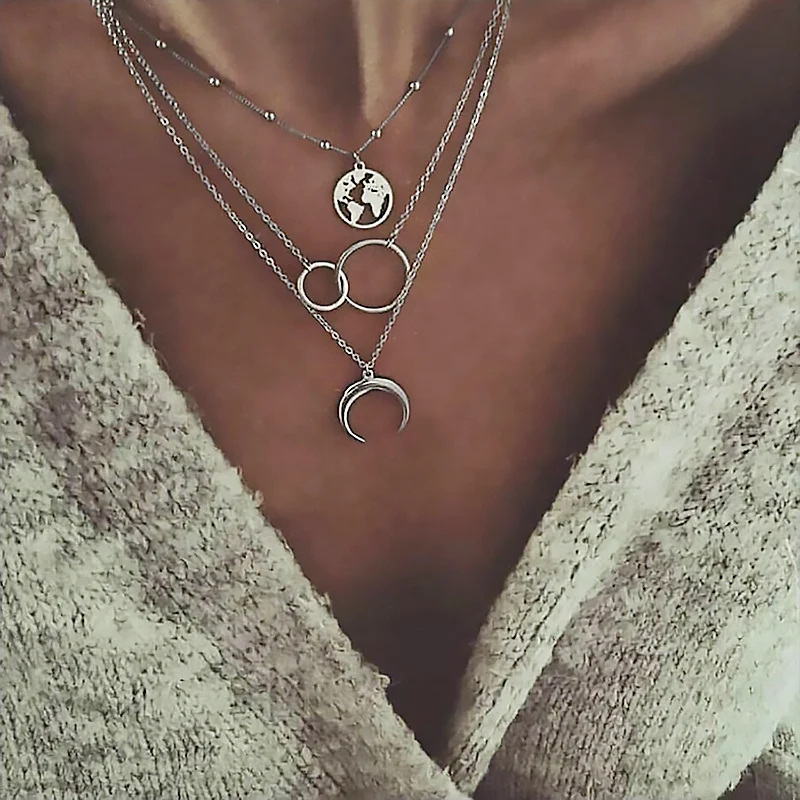 

New Multi-layered Metal Clavicle Chain Men's and Women's Moon Sweater Chain Map Pendant Necklace Party Jewelry