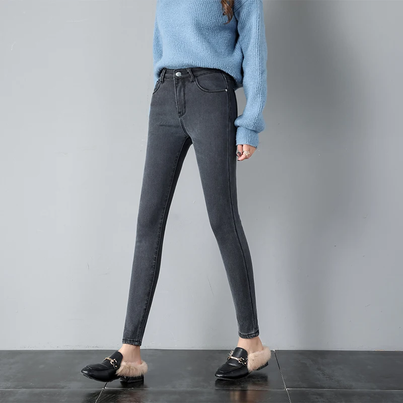 2021 New Winter Jeans Ladies Korea High Waist Plus Velvet Skinny Cowgirl Street Clothing Thick Warm Feet Pants | Женская одежда
