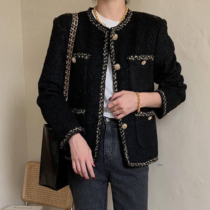 

Autumn Winter Women's Tweed Coat Vintage Long Sleeve Single-breasted Jacket Korean Style Ladies Jackets Elegant Outerwear 2020