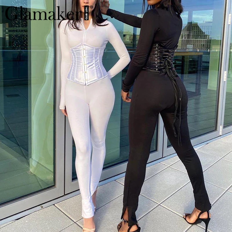 

Glamaker Long sleeve jumpsuit bandage 2 piece suit Winter autumn sexy zipper suit romper streetwear 2020 new long playsuit