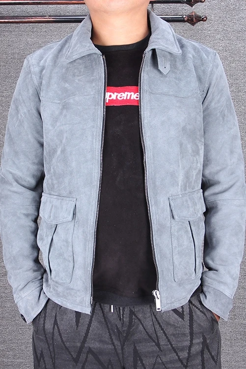 

2021 men's gray blue cow suede with two pockets slim fit vintage genuine leather coat men spring casual jacket male