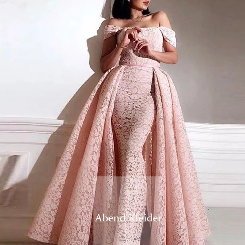Long Lace Pink Evening Dresses 2020 Abendkleider Muslim Women Gown with Detachable Skirt Robe De Soiree Caftan Mariage | Свадьбы и