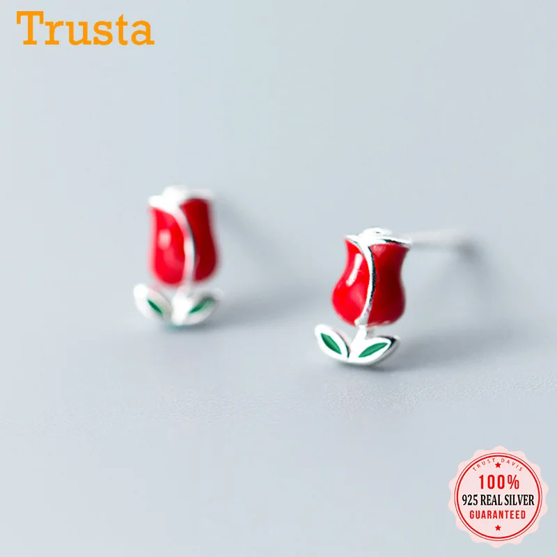 Женские серьги гвоздики Trusta из настоящего серебра 925 пробы с красными розами