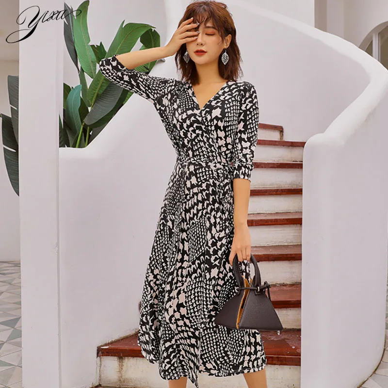 Новое Женское весеннее Платье с принтом v-образным вырезом женские повседневные