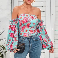 femotwin women off shoulder blouse ladies long sleeve floral print ruffled puff sleeve shirt tee sexy casual tops blouse 2021