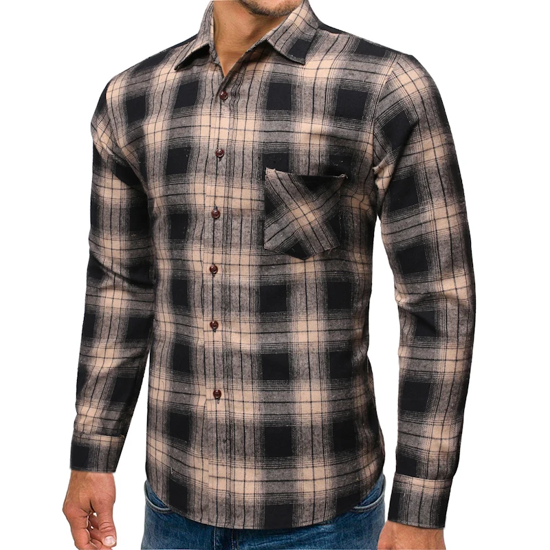 Мужская классическая рубашка в клетку повседневная фланелевая однобортная