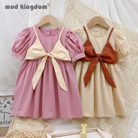mudkingdom cute girls dress solid puff sleeve crew neck button sling bow knot summer dresses for toddler drop shoulder clothes