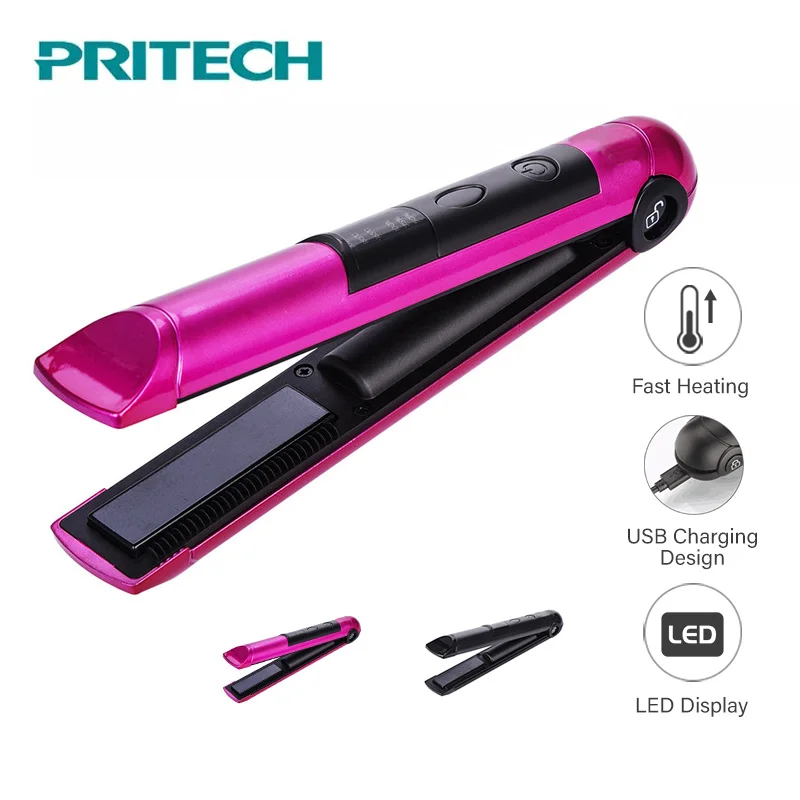 Pritech recarregável usb portátil profissional mini alisador de cabelo display led sem fio plana ferro ferramenta cabelo chapinha
