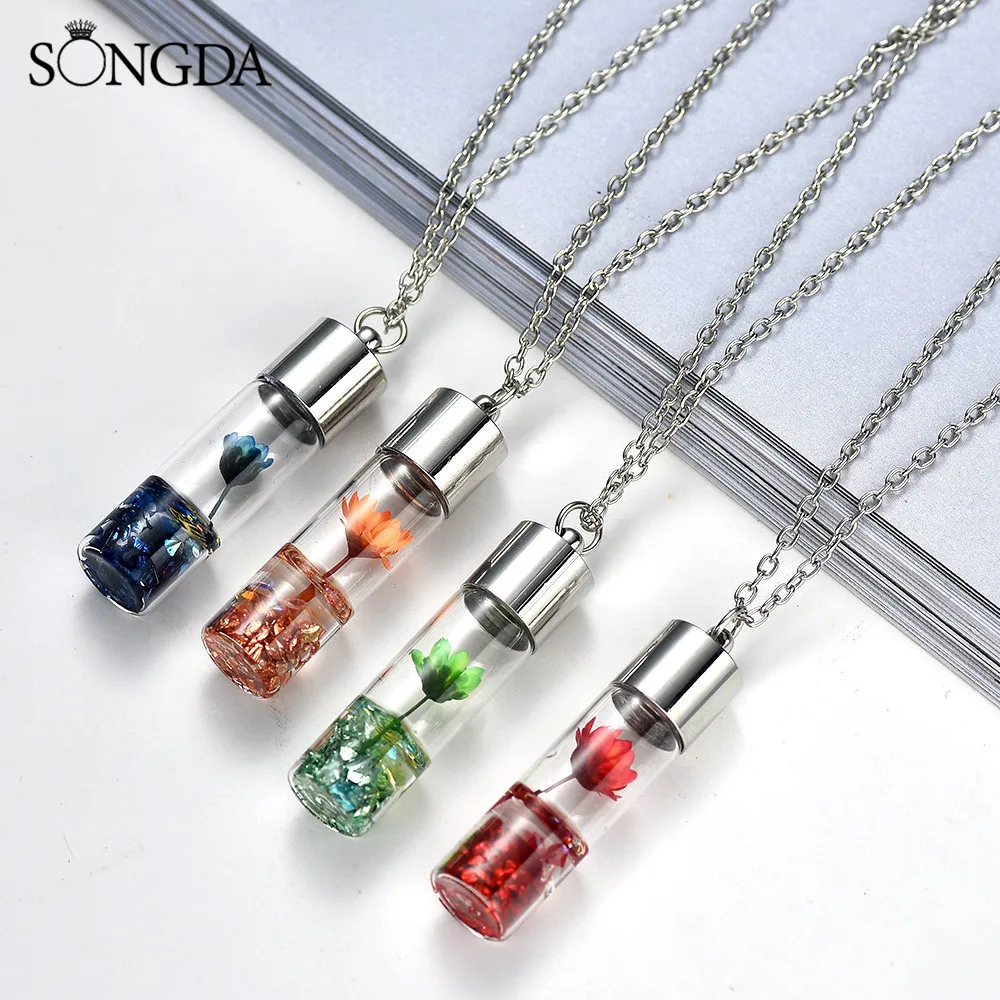 

SONGDA Flower Plante Glass Bottle Natural Stone Necklace Pendant Silver Color Chain Water Stone Necklace For Women 2020 Jewelry
