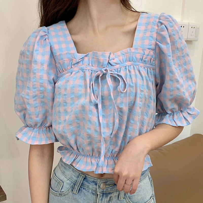 

Плед печати квадратный рубашка с воротником для женщин в студенческом стиле; Рукав-фонарик; Кружевные шорты на рубашка с короткими рукавами...