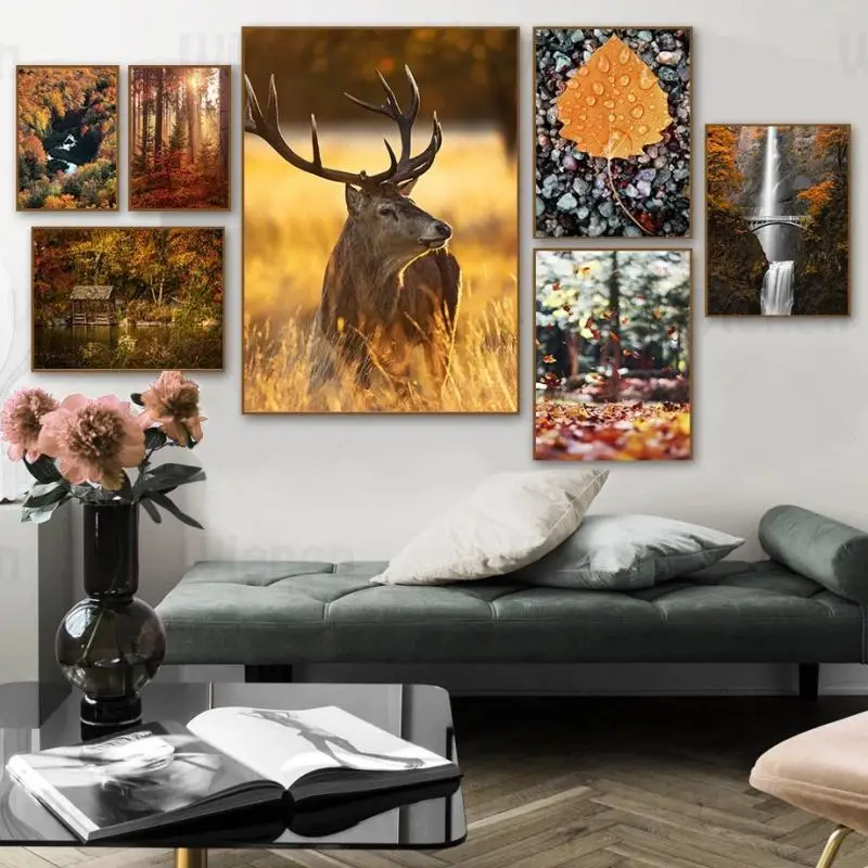 

Canvas Painting Poster Nordic Forest Leaves Sunshine Elk Waterfall Mountain Nature Landscape Wall Art Home Decor For Living Room