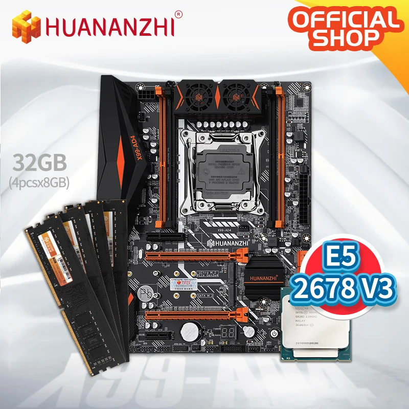 HUANANZHI X99 AD4 X99 Motherboard with Intel XEON E5 2678 v3 with 4*8G DDR4 NON-ECC memory combo kit set NVME NGFF SATA USB 3.0