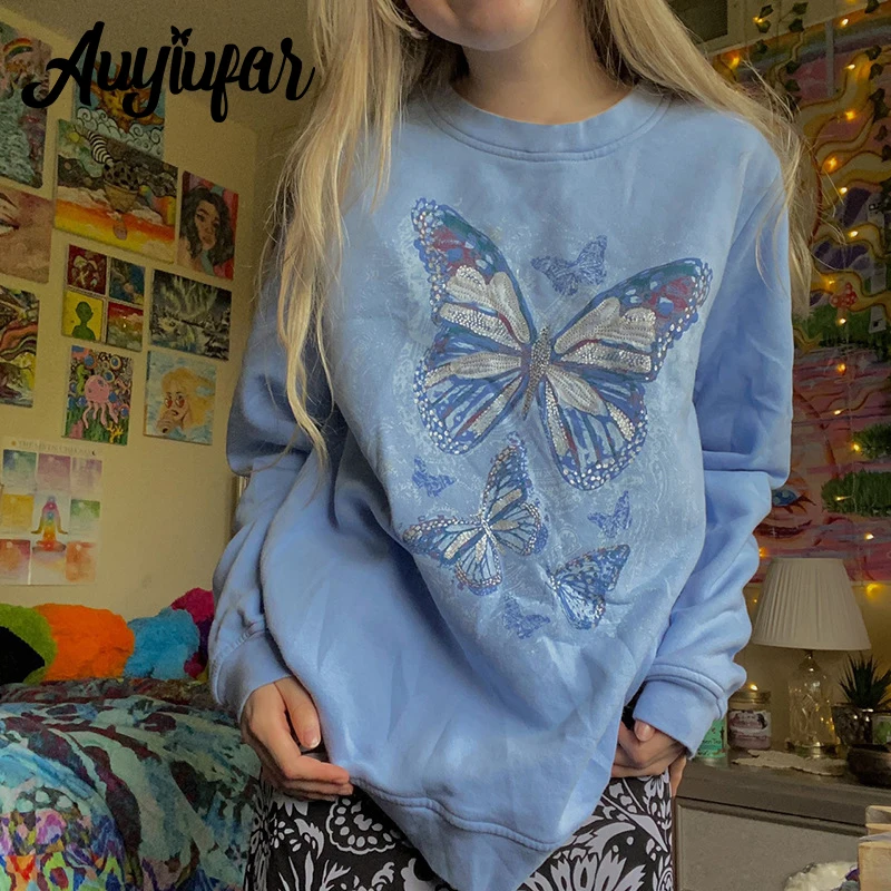 

Auyiufar Blue Butterfly Print Casual Sweatshirt Grunge Fairycore Round Neck Oversized Long Sleeve Top Sporty Aesthetic Pullovers