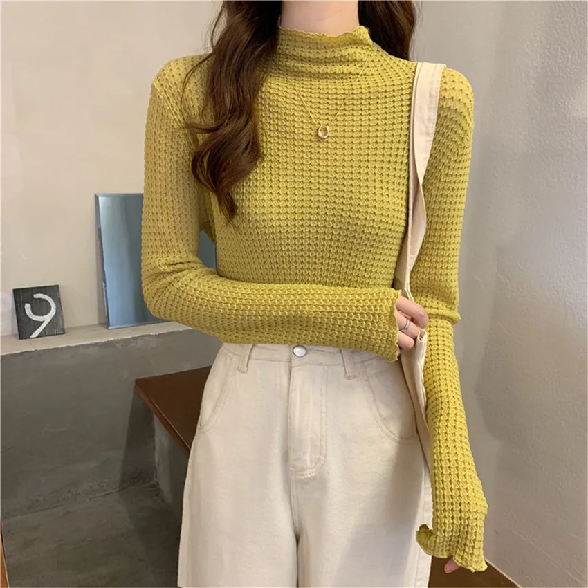 

New Fashion High Neck Solid Blouse Autumn Long Sleeve Basic Undershirt Pullover Womens Tops And Blouse Blusa Feminina