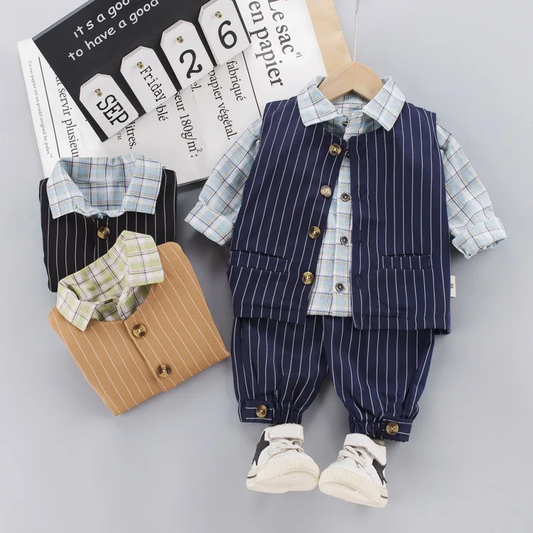 

2020 autumn Korean boy and girl children's clothing 0-4 years old long-sleeved vest shirt three-piece casual children's suit