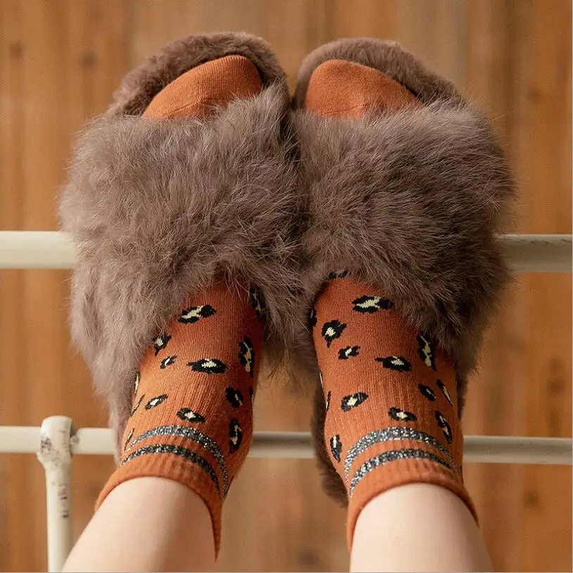 Women Solid Leopard Cotton Socks Lurex Striped Cuff Socks Stripes Warm Thick Winter Socks Girls Pink Grey Ankle Socks 6pairs/lot