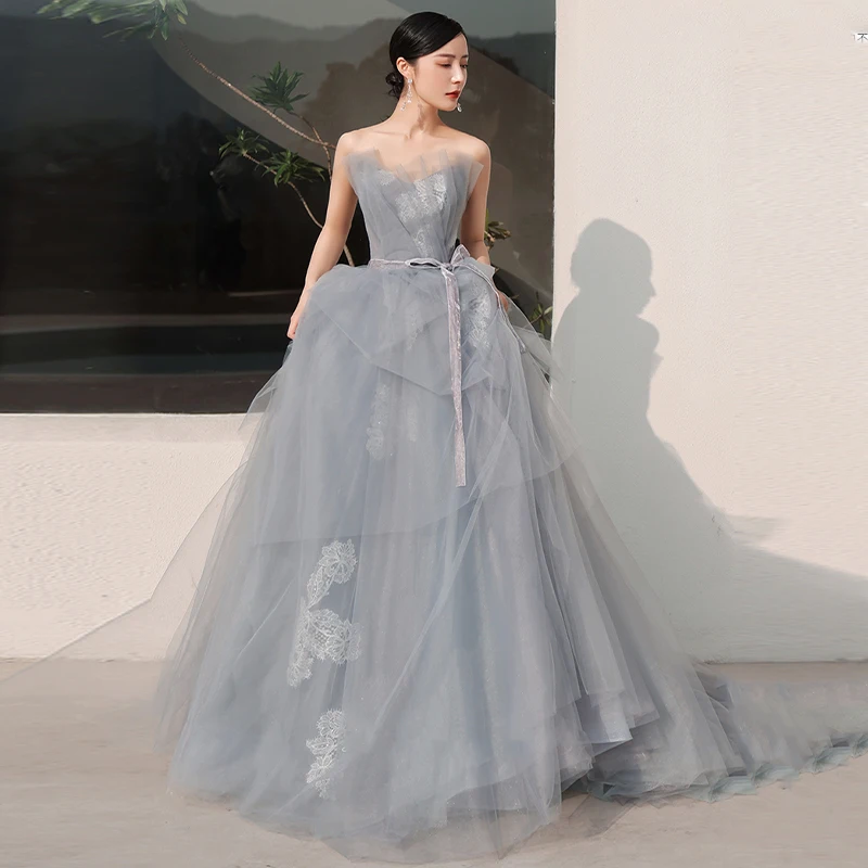 

Gray Strapless Evening Dress Sleeveless Luxurious Embroidery Floor-Length Pleat Empire A-Line New Woman Formal Party Gowns A985