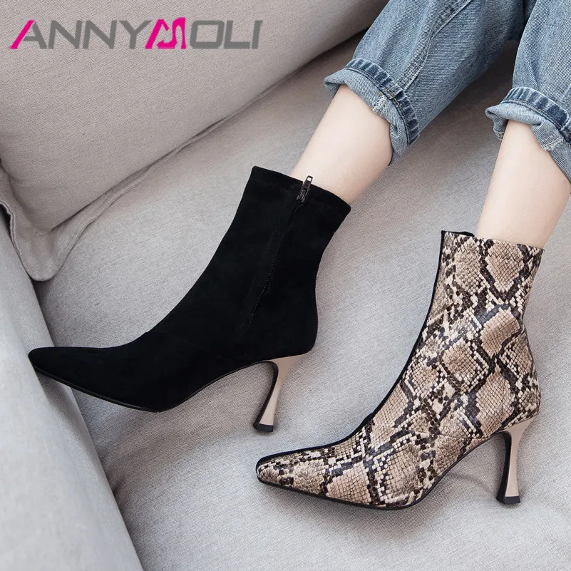 

ANNYMOLI Autumn Ankle Boots Women Boots Snake Print Stiletto High Heels Short Boots Zipper Square Toe Shoes Lady Big Size 33-43