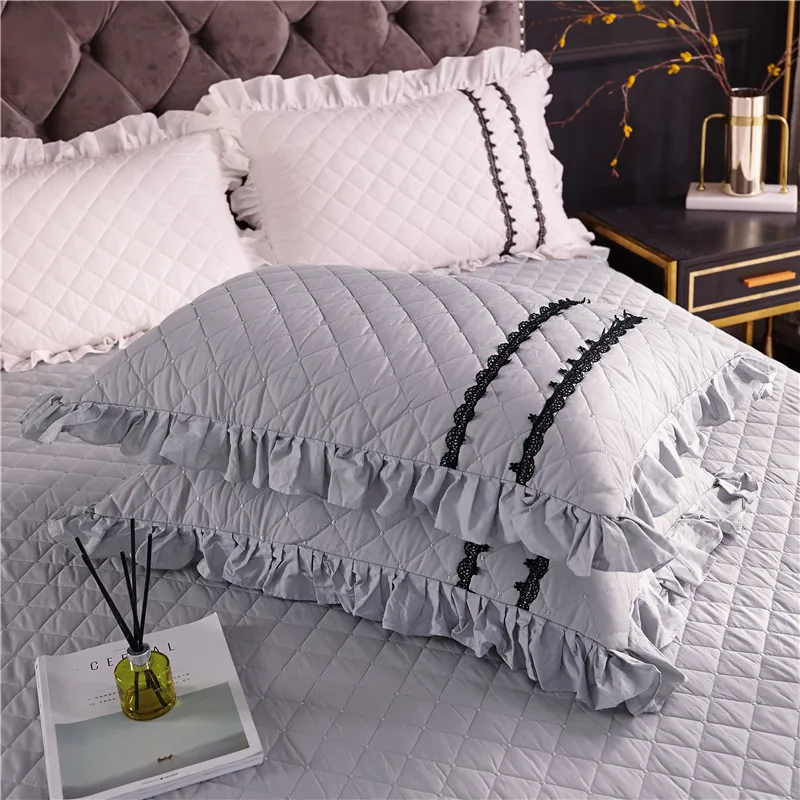 

Shabby Chic White Lace Double Layer Ruffles Princess Style Bedskirt Cotton Quilted Bedspread Pillowcases Breathable and Soft