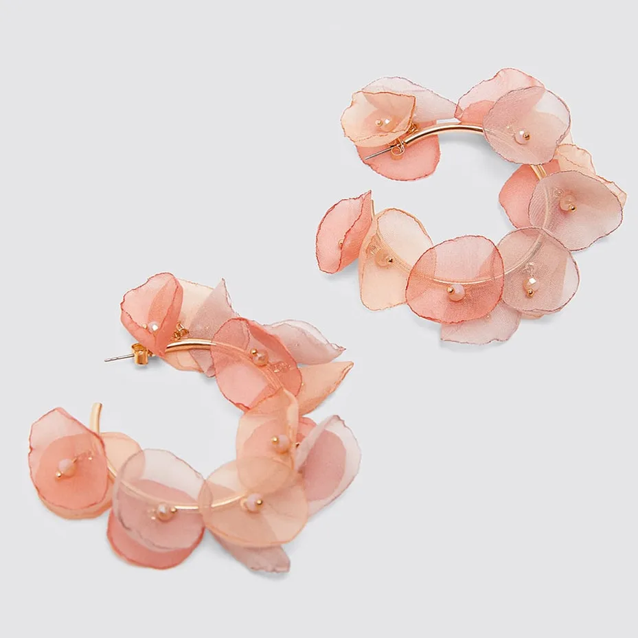 Серьги-капли из органзы с цветочным рисунком для девочек, длинные серьги с этническим цветком, г., длинные серьги с металлическим сердечком, вечерние подарки
