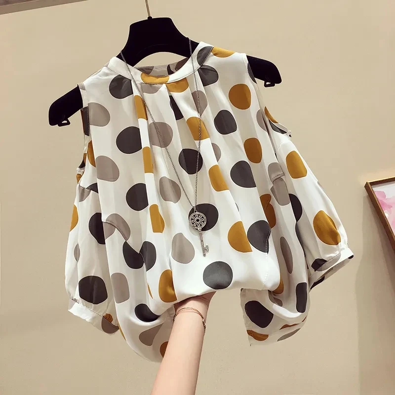 

Retro blouse women's plus size summer new style Korean fashion loose lantern sleeves strapless polka dot printed chiffon shirt