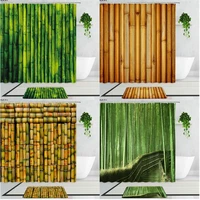 bamboo shower curtains green plants art landscape fabric printing bathroom decor set non slip bath mats carpet bathtub curtain