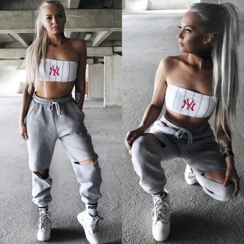 Женские Длинные шаровары с высокой талией серые свободные штаны дырками