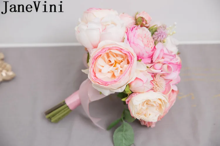 

JaneVini Artificial Wedding Bouquet Pink Silk Flowers Romantic Bridal Bouquet Brides Hand Holder Rose Peony Accessori Damigella