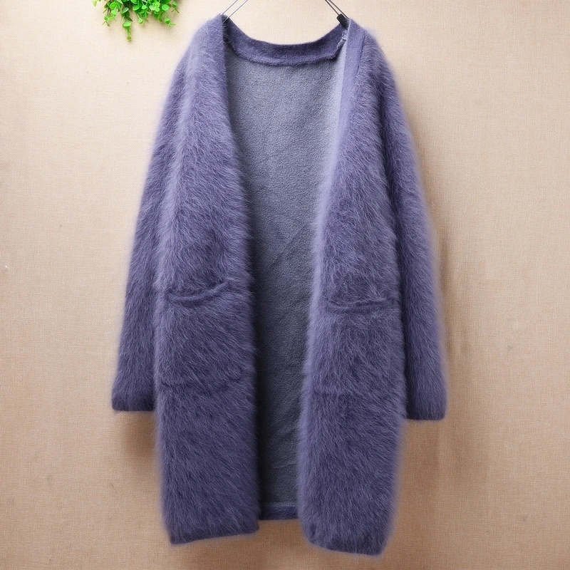 

Heavy thick warm long hairy fuzzy mink cashmere long sleeves loose cardigans mantle angora rabbit fur knitted inside jacket coat