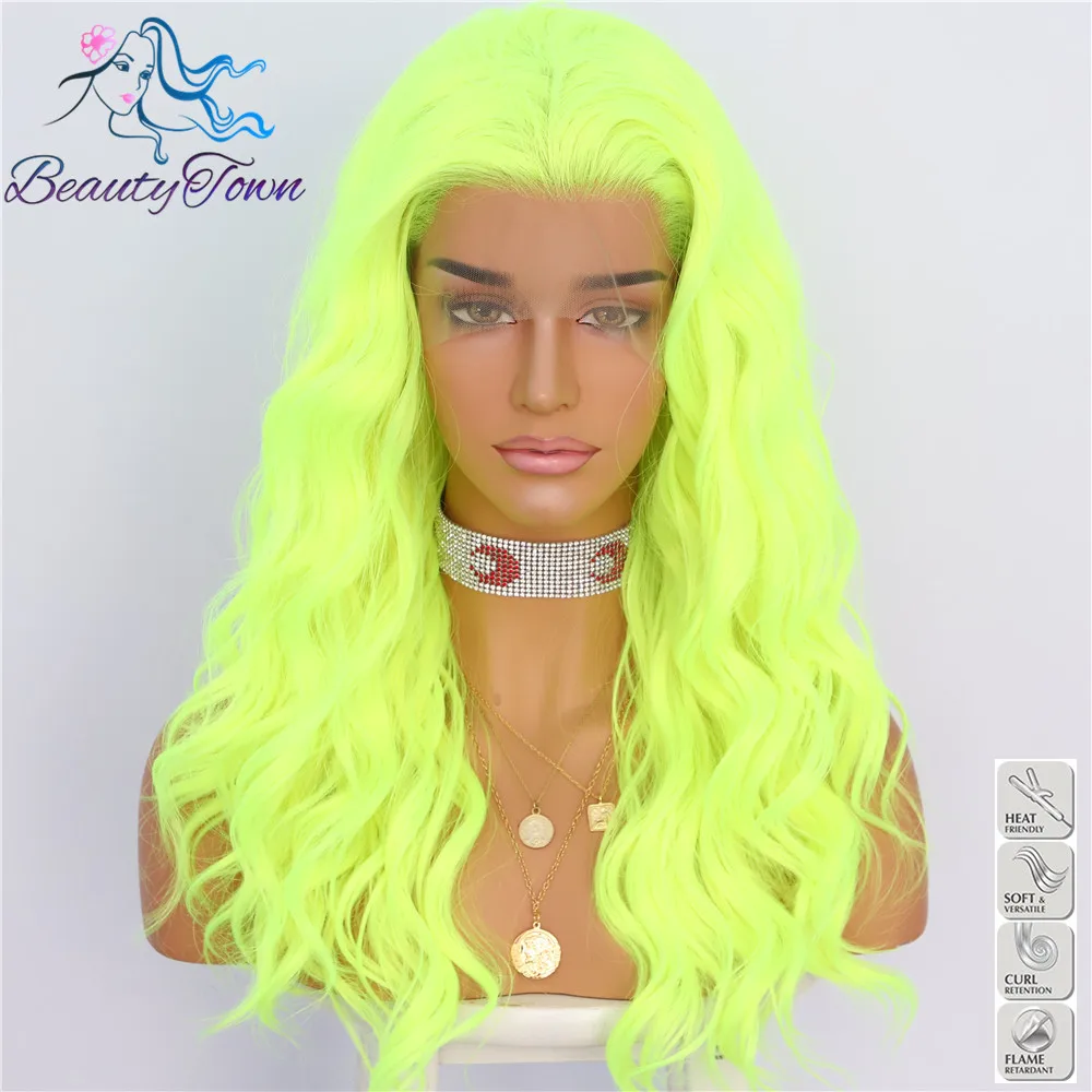 BeautyTown неоновая желтая волна воды термостойкие волосы Drag queen макияж для женщин подарок Свадебная вечеринка синтетические парики на кружеве