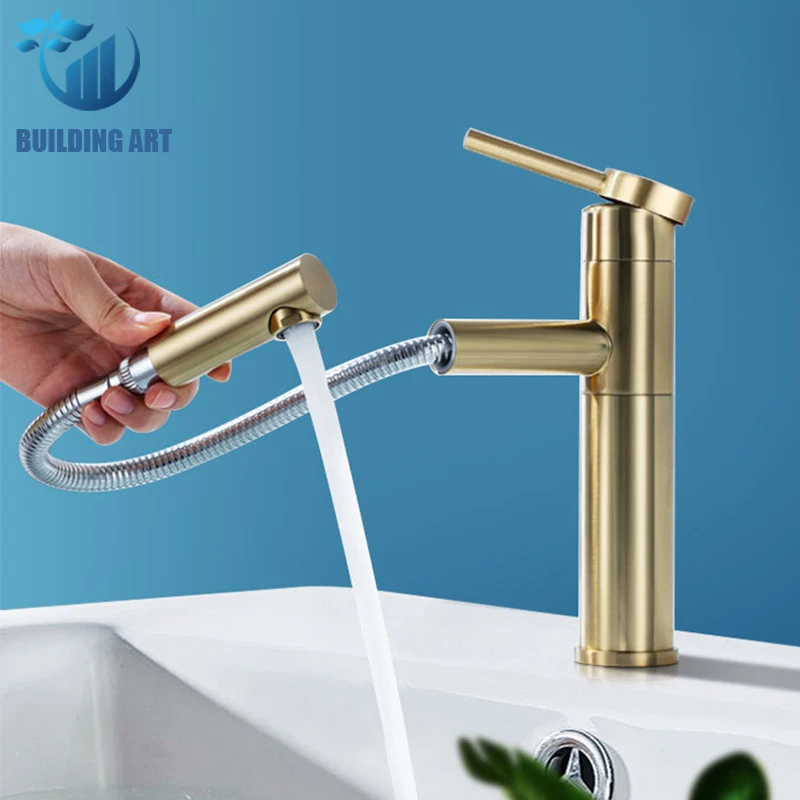 

Free Shipping Brass Bathroom Basin Faucet 60cm Pull Out Basin Faucet Cold Hot Mixer Crane Basin Taps Rotatble Brushed Gold